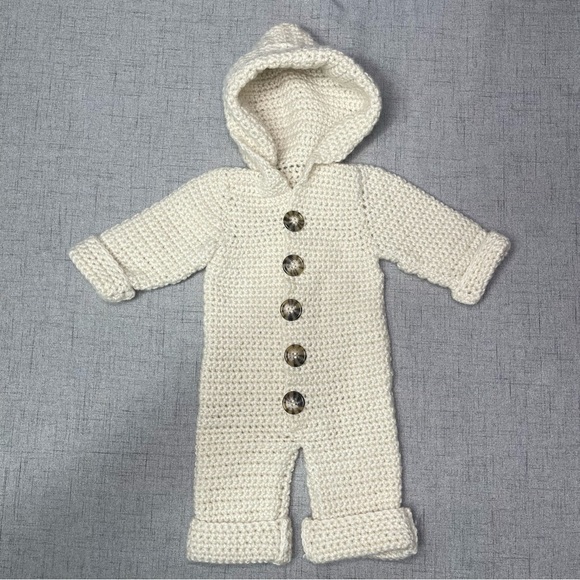 Handmade Crochet Knit Baby Romper Hooded 1 Piece Jumpsuit Infant 0/3 Months New - Picture 6 of 15